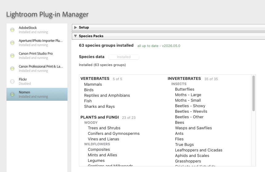 Lightroom's Plug-in Manager with Nomen selected in the list, installed and running.