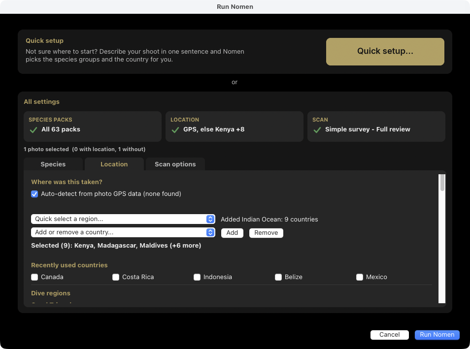 Run Nomen's Location tab after picking Indian Ocean from the quick-select menu: Added Indian Ocean: 9 countries, with Kenya, Madagascar and Maldives selected.