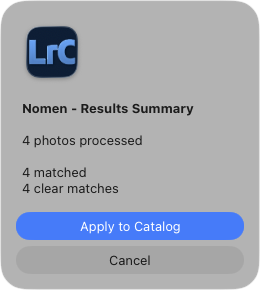 Nomen Results Summary: 4 photos processed, 4 matched, 4 clear matches, with Apply to Catalog and Cancel.