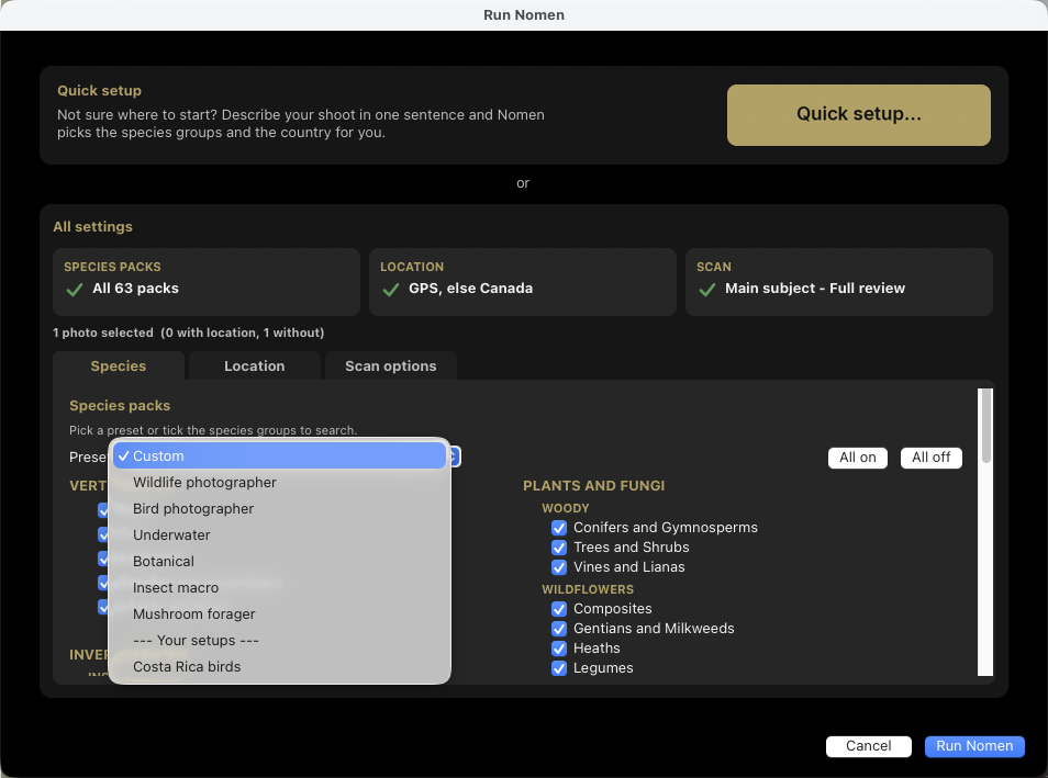 Run Nomen's Species tab with the Preset menu open: Custom, Wildlife photographer, Bird photographer, Underwater, Botanical, Insect macro, Mushroom forager, and saved setups.