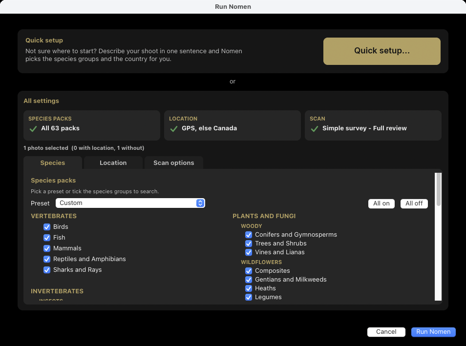 The Run Nomen dialog: Quick setup at the top, then All settings with the Species Packs, Location and Scan cards and the Species tab.