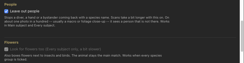 Scan options: Leave out people ticked, and Look for flowers too, which works in Every subject.