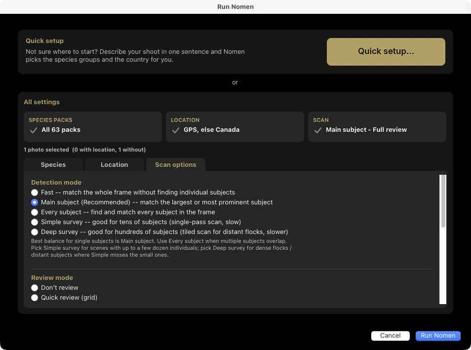 Run Nomen's Scan options tab: the five detection modes with Main subject selected, and the review modes below.