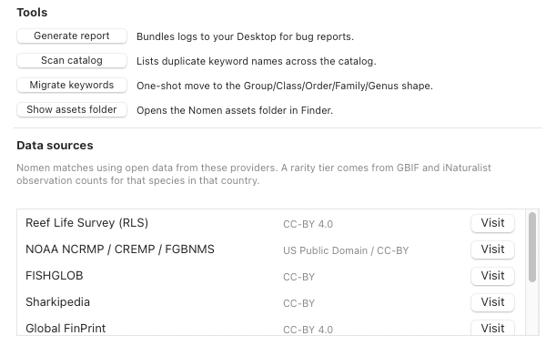 Nomen's Maintenance and Credits settings: Generate report, Scan catalog, Migrate keywords, Show assets folder, and the data sources.