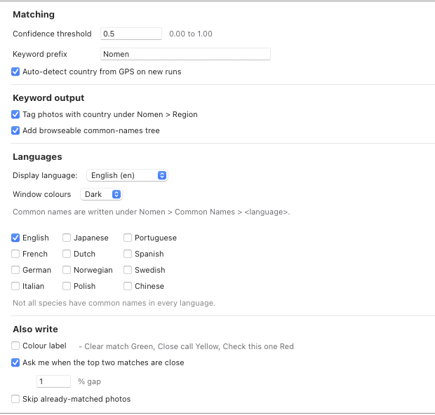 Nomen's Matching and Keywords settings: confidence threshold, keyword prefix, keyword output, languages, window colours and Also write.