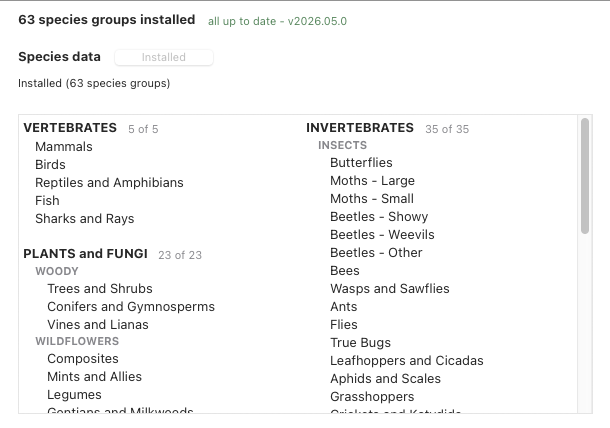 Species Packs: 63 species groups installed, all up to date, with the group list underneath.